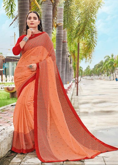 Peach Shahi Chiffon Designer Printed Saree with Border & Embellishments