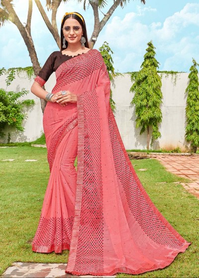 Pink Shahi Chiffon Designer Printed Saree with Border & Embellishments