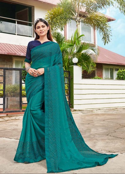 Teal Green Shahi Chiffon Designer Printed Saree with Border & Embellishments