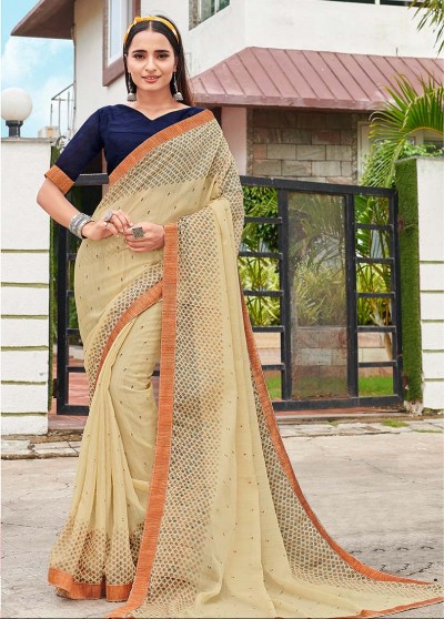 Creame Shahi Chiffon Designer Printed Saree with Border & Embellishments