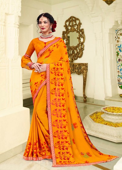 Saffron Georgette Printed Saree with Border, Embellishments 