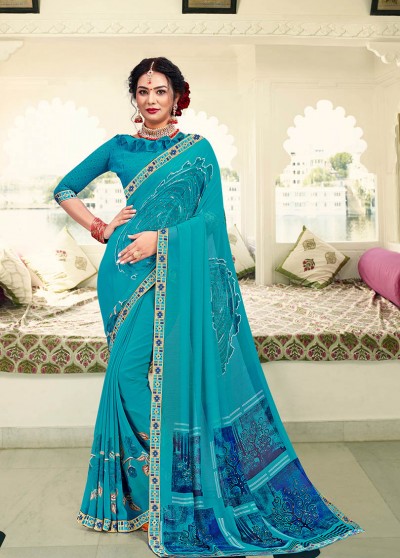Sea Blue Georgette Printed Saree with Border, Embellishments 