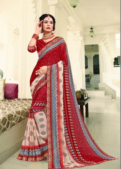 Red Georgette Printed Saree with Border, Embellishments 