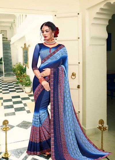 Blue Georgette Printed Saree with Border, Embellishments 