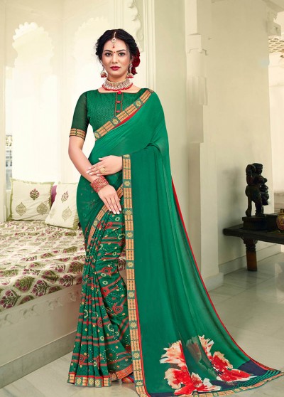 Green Georgette Printed Saree with Border, Embellishments 