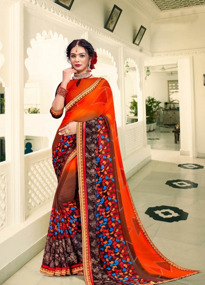 Orange Georgette Printed Saree with Border, Embellishments 
