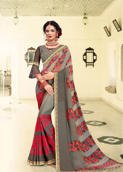Grey Georgette Printed Saree with Border, Embellishments 