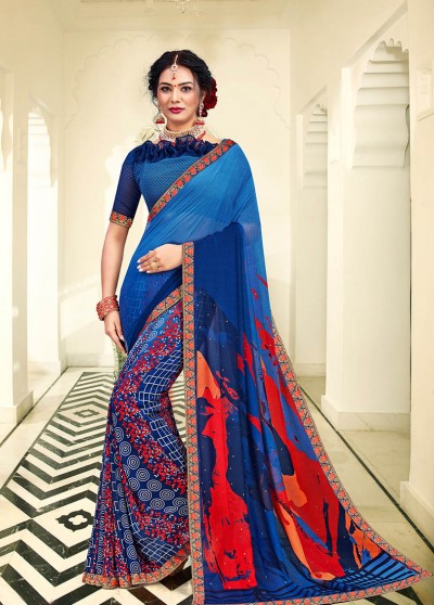 Blue Georgette Printed Saree with Border, Embellishments 