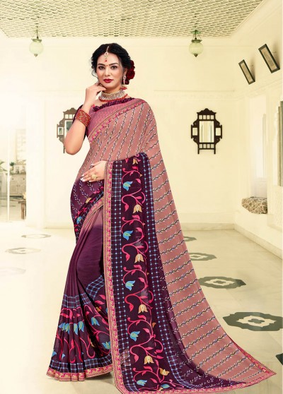 Mauve Georgette Printed Saree with Border, Embellishments 