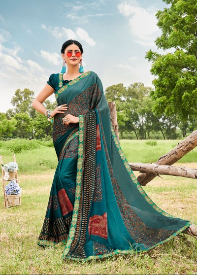 Teal Green Silk Designer Printed Saree with Border & Embellishments