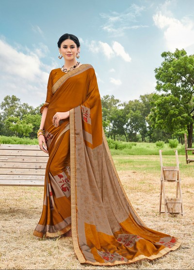 Mustard Silk Designer Printed Saree with Border & Embellishments