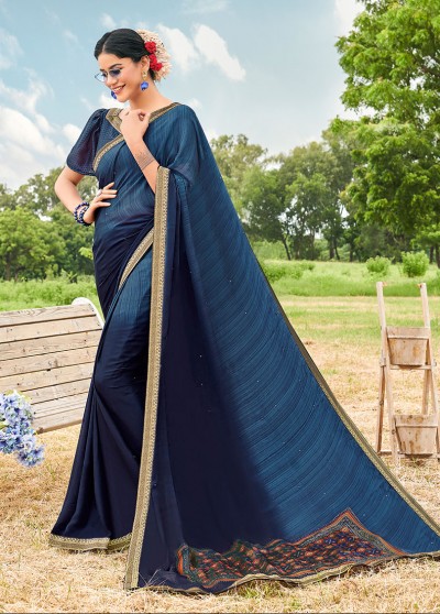 Blue Silk Designer Printed Saree with Border & Embellishments