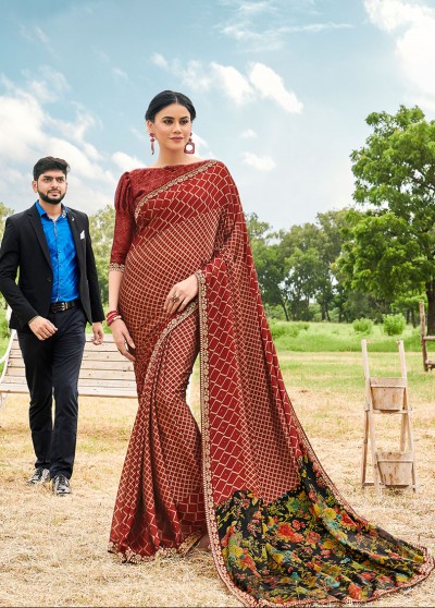Maroon Silk Designer Printed Saree with Border & Embellishments
