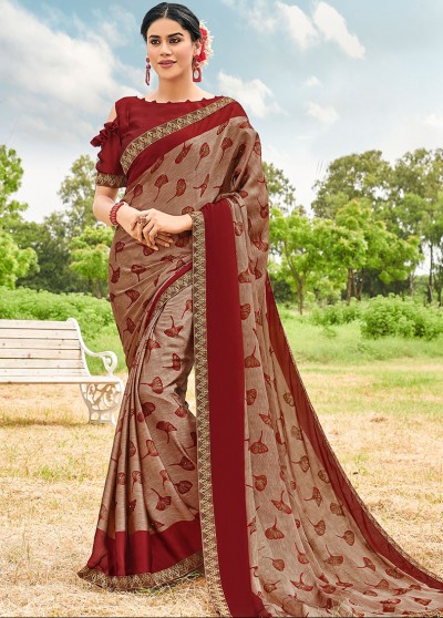 Maroon Silk Designer Printed Saree with Border & Embellishments