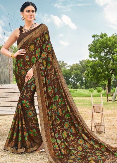 Brown Silk Designer Printed Saree with Border & Embellishments