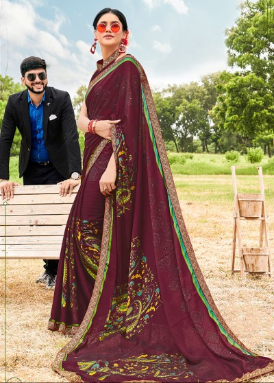Wine Silk Designer Printed Saree with Border & Embellishments