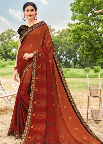 Red-Rust Silk Designer Printed Saree with Border & Embellishments