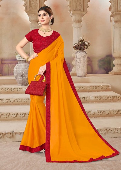Yellow Chiffon Bordered Saree with Embellishments, Purse