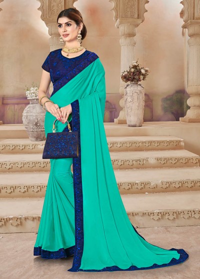 Turquoise Chiffon Bordered Saree with Embellishments, Purse