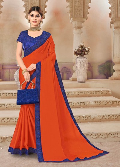 Orange Chiffon Bordered Saree with Embellishments, Purse