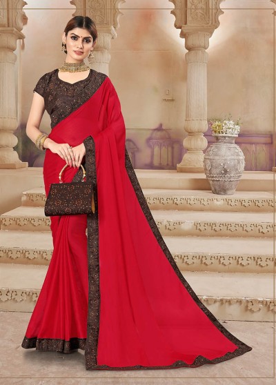 Red Chiffon Bordered Saree with Embellishments, Purse