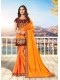 Saffron Chiffon Designer Bordered Saree with Embellishments, Purse