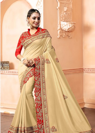 Beige Silk Designer Embroidered Saree with Embellishments, Border
