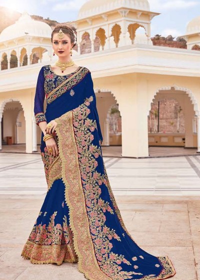 Blue Silk Embroidered Saree with Border