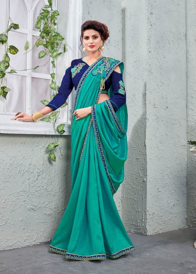 Blue Silk Fancy Embroidery & Diamond Work Shoulder Brooch Saree with Lace