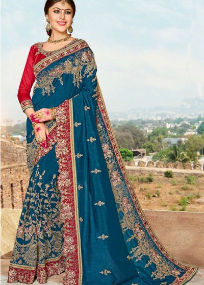 Blue Silk Heavy Embroidery & Pearl work Saree with Border