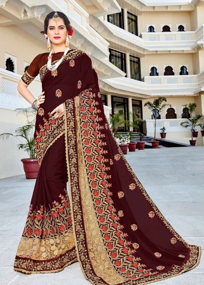 Brown Georgette Embroidered Saree with Embellishments, Border