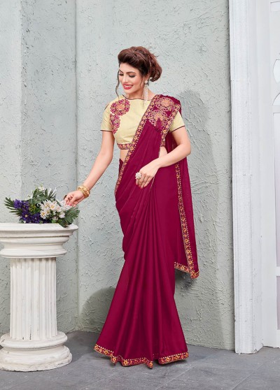 Burgundy Silk Fancy Embroidery & Diamond Work Shoulder Brooch Saree with Lace
