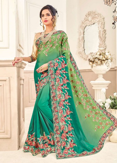 Green Silk Embroidered Saree with Border