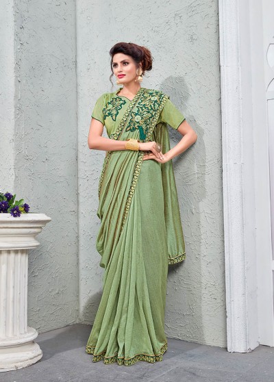 Green Silk Fancy Embroidery & Diamond Work Shoulder Brooch Saree with Lace