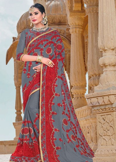 Grey Silk Saree with Red Embroidery work, Border