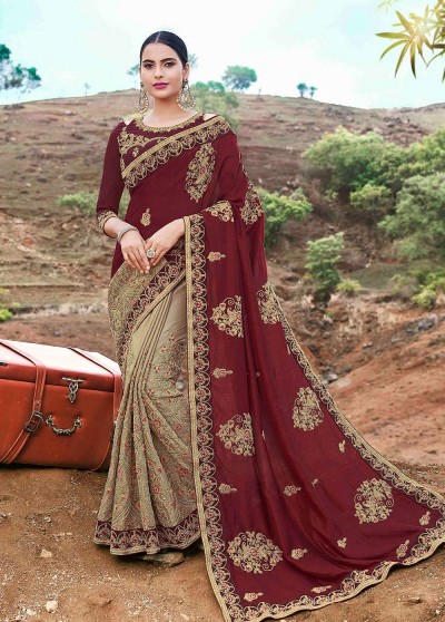 Khaki Brown Silk Half n Half Embroidered Saree with Embellishments, Border