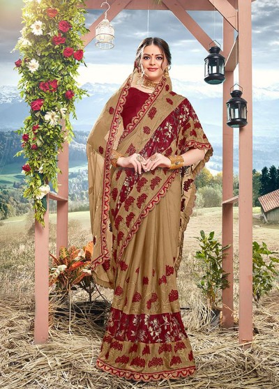 Khaki Moss Chiffon Designer Embroidered Saree with Embellishments, Border