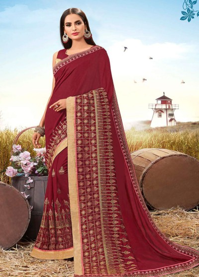 Maroon Silk Designer Embroidered Saree with Embellishments, Border