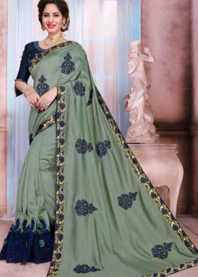 Olive Green Silk Designer Embroidered Saree with Border