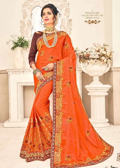 Orange Silk Embroidered Saree with Border