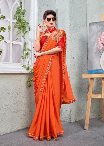 Orange Silk Fancy Embroidery & Diamond Work Shoulder Brooch Saree with Lace