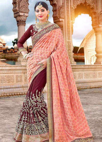 Peach Maroon Silk Chiffon Half n Half Embroidered Saree with Embellishments, Border