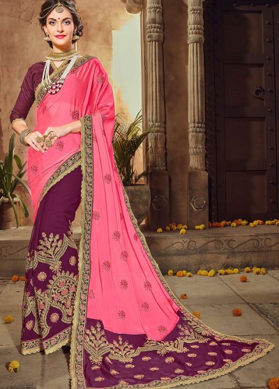 Pink Purple Georgette Half n Half Embroidered Saree with Embellishments, Border