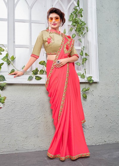 Pink Silk Fancy Embroidery & Diamond Work Shoulder Brooch Saree with Lace