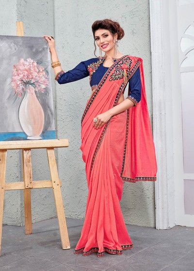 Pink Silk Fancy Embroidery & Diamond Work Shoulder Brooch Saree with Lace