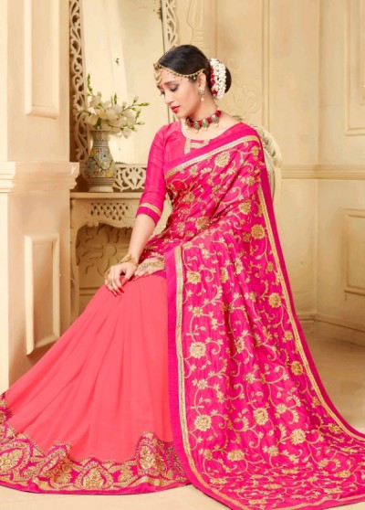 Pink Silk Half n Half Embroidered Saree with Border