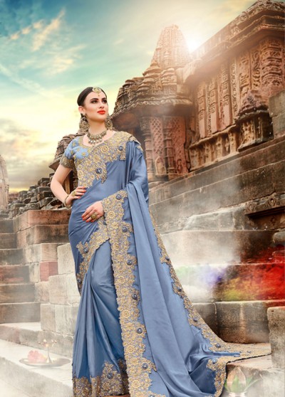 Powder Blue Silk Designer Embroidery Bordered Saree with Blouse Piece