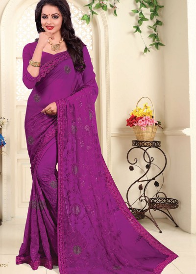 Purple Georgette Designer Embroidered Swarovski work Saree with Border