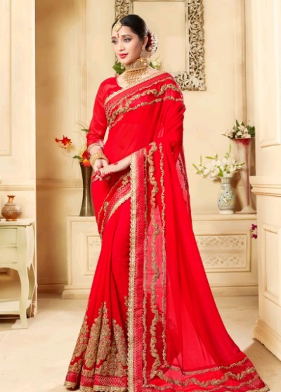 Red Georgette Designer Embroidery & Pearl work Saree with Border