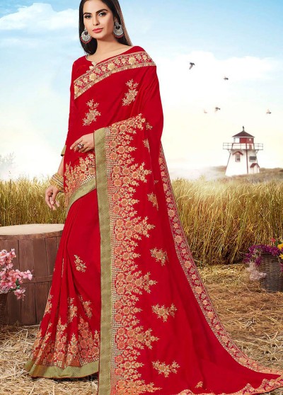 Red Silk Designer Embroidered Saree with Embellishments, Border